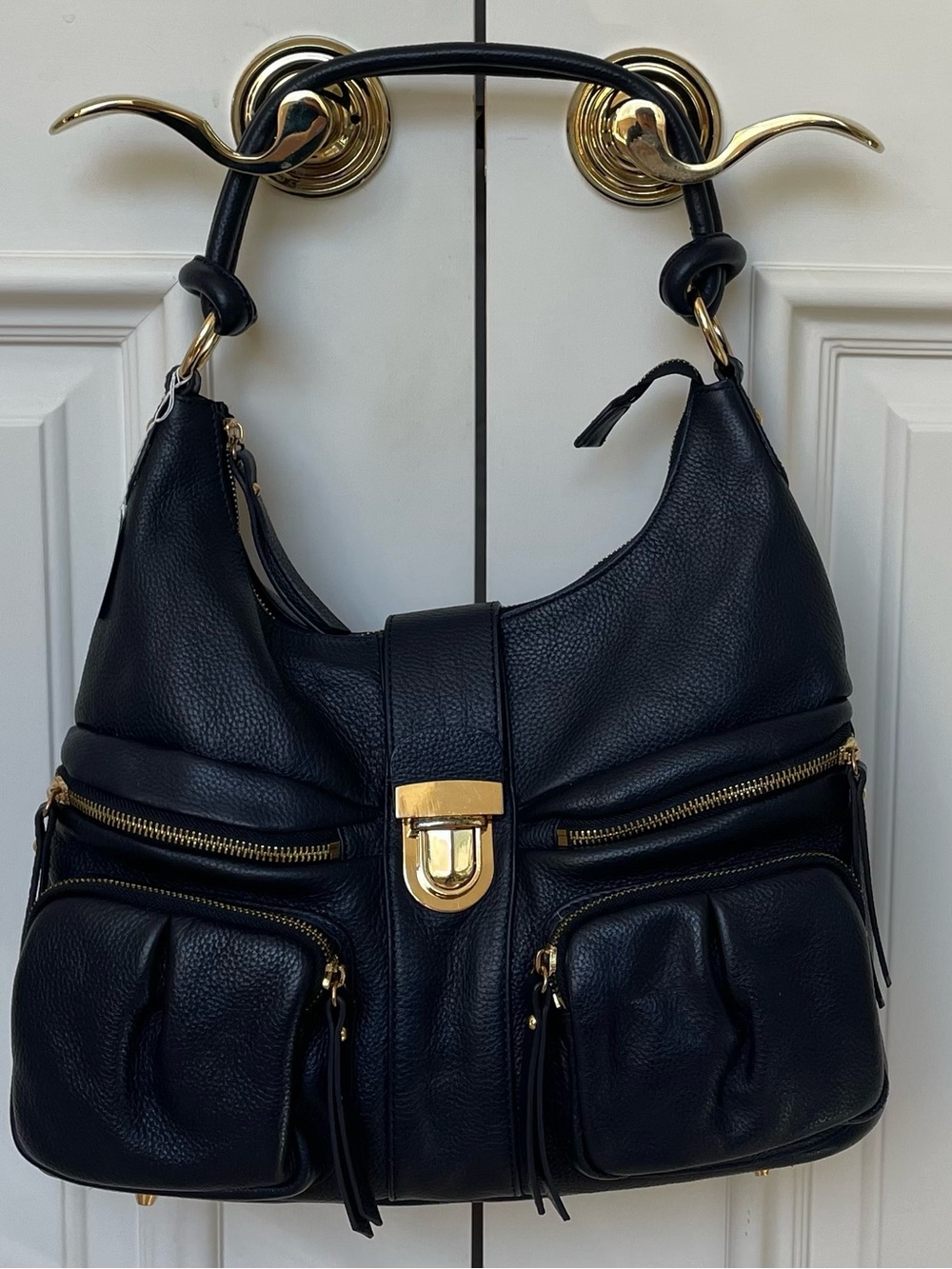 Robert Dice Navy Blue Pebbled Leather Hobo Shoulder Bag Gold Hardware & Pockets